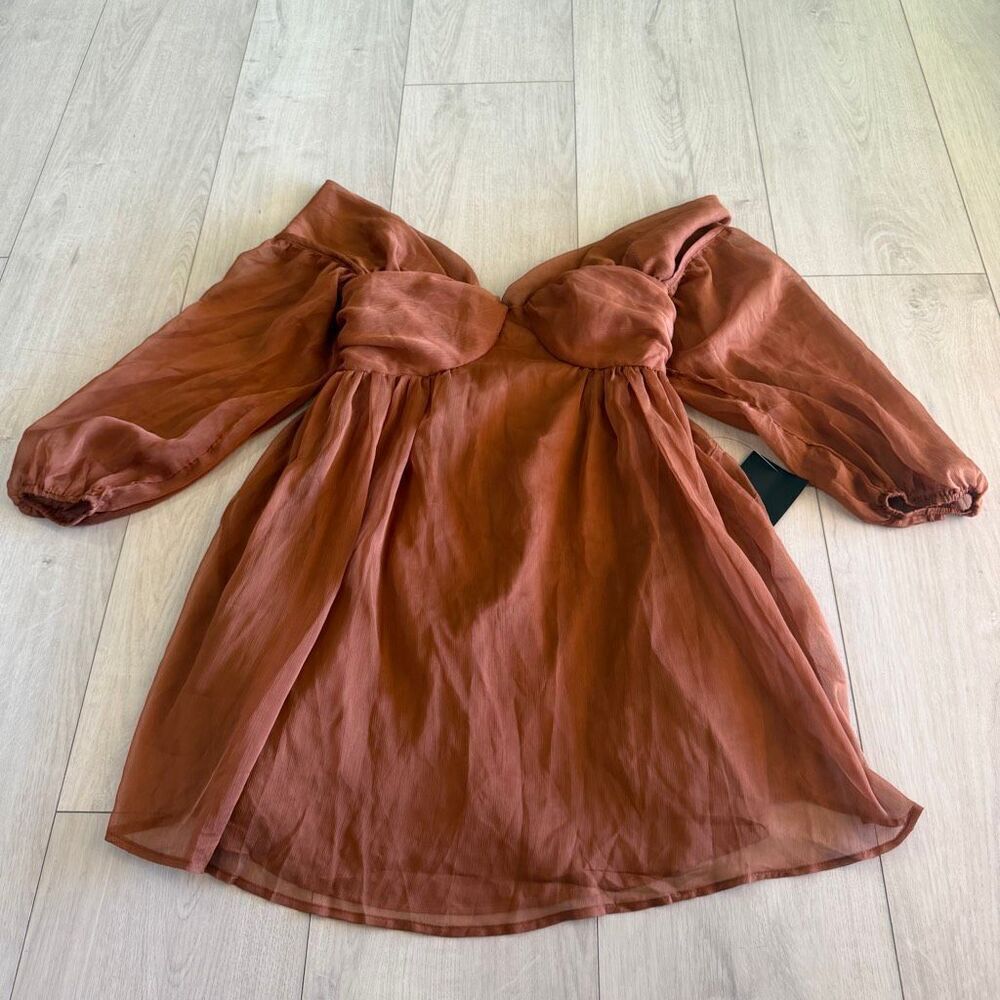 Lulus Dream Desire Rust Brown Off-the-Shoulder Long Sleeve Mini Dress size m